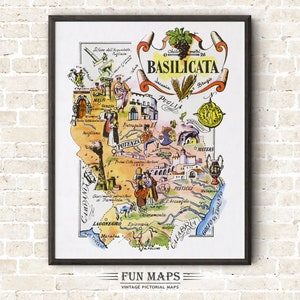 Mapa divertido de Basilicata en Italia, dibujo animado antiguo, ilustración, arte mural italiano, regalo, póster de viaje, mapa de aventuras