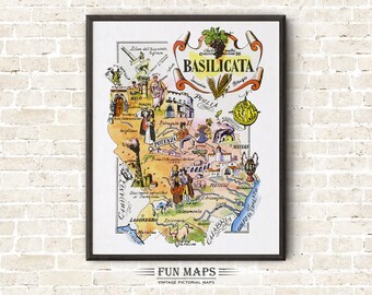 Fun Map of Basilicata in Italy Vintage Pictorial Whimsical Cartoon Old Print Illustration Italian Wall Art Gift Travel Poster Adventure Map