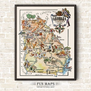 Mapa divertido del estado de Georgia: ilustración vintage con dibujos animados, aventura, decoración de pared, regalo y póster.