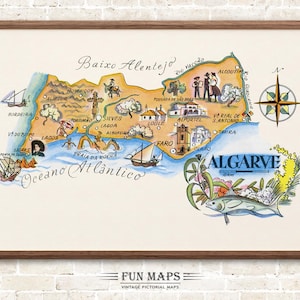 Fun Map of Algarve in Portugal Vintage Pictorial Whimsical Cartoon Old Print Illustration Spanish Wall Art Gift Travel Poster Adventure Map