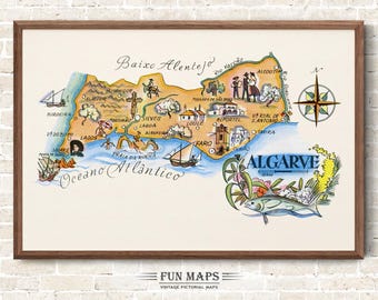 Fun Map of Algarve in Portugal Vintage Pictorial Whimsical Cartoon Old Print Illustration Spanish Wall Art Gift Travel Poster Adventure Map