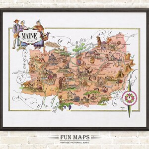 Zabawna mapa Maine, francuskiej prowincji, Francja, FR - Vintage Pictorial Whimsical Cartoon Print Illustration Adventure Wall Art Décor