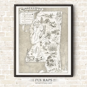 Mapa vintage del estado de Misisipi: divertida ilustración pictórica con dibujos animados, aventura, decoración de pared, regalo y póster.