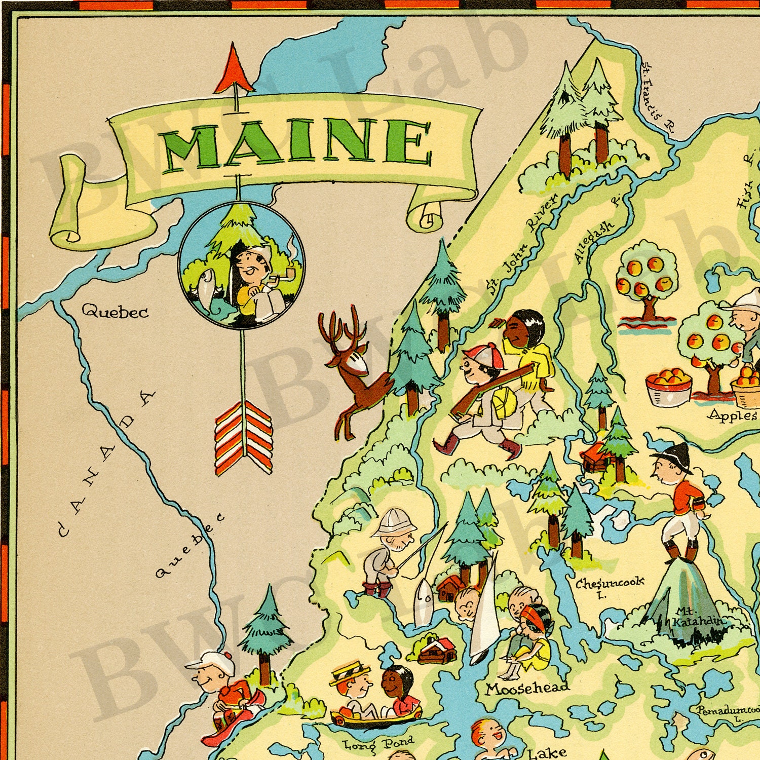 1930s Animated MAINE State Map RARE Map Reprint Map of Maine Wall Art usbl 