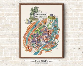 Fun Map of Copenhagen Streets in Denmark Vintage Pictorial Whimsical Print Illustration Scandinavian Wall Art Travel Poster Adventure Map