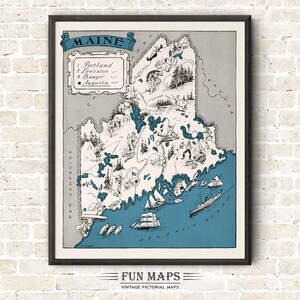Mapa divertido de Maine: Ilustración vintage con dibujos animados de Johst, decoración de pared, póster de regalo