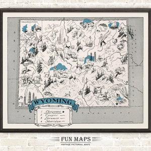 Carte amusante du Wyoming - illustration vintage d'impression de dessin animé fantaisiste pictural par Johst Art mural-cadeau-cadeau