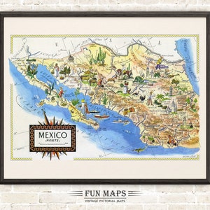 Mapa divertido de México Norte - Norte - Impresión antigua de dibujos animados, ilustración, aventura, arte de pared, decoración, póster de regalo