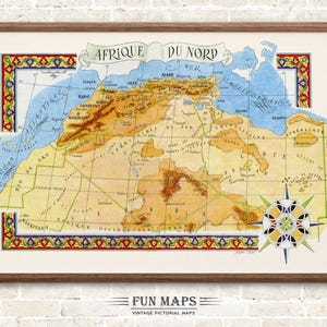 Mapa divertido del norte de África, dibujo animado antiguo, ilustración, arte mural africano, regalo, póster de viaje, mapa de aventuras