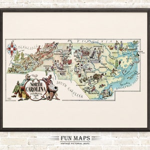 Fun State Map of North Carolina – Vintage Pictorial Whimsical Cartoon Print Illustration | Adventure | Wall Art Décor Gift | Poster
