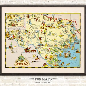 Mapa divertido del estado de Texas: ilustración vintage con dibujos animados, aventura, decoración de pared, póster de regalo