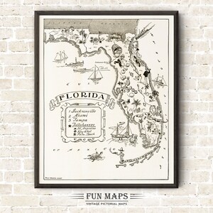 Mapa vintage del estado de Florida: divertida ilustración pictórica con dibujos animados, aventura, decoración de pared, regalo y póster.