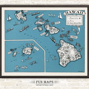 Mapa divertido de Hawái: Ilustración vintage con dibujos animados de Johst, decoración de pared, póster de regalo
