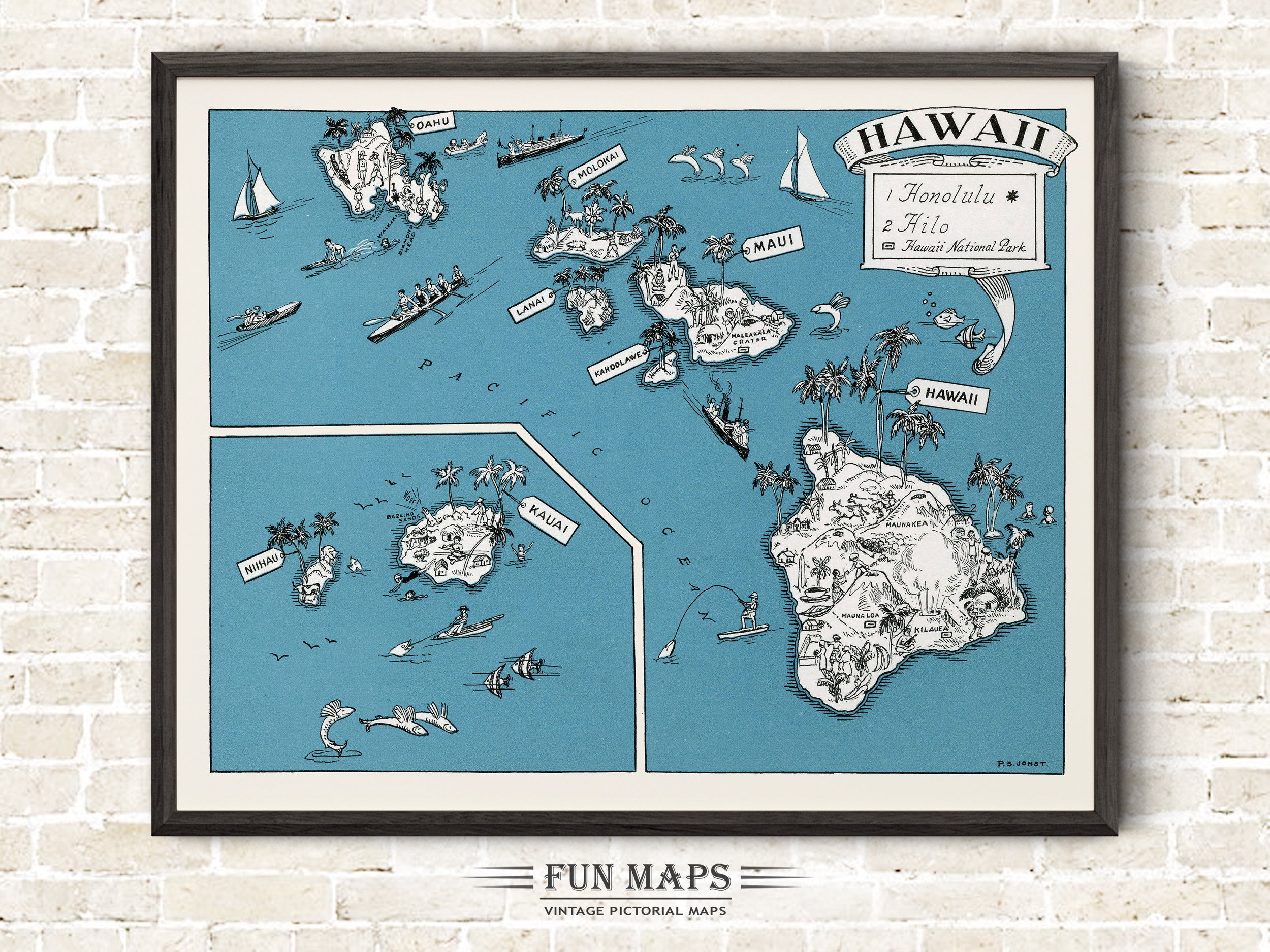 Fun Map of Hawaii – Vintage Pictorial Whimsical Cartoon Print