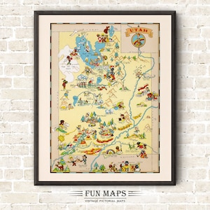 Mapa divertido del estado de Utah: ilustración vintage con dibujos animados, aventura, decoración de pared, póster de regalo