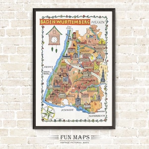 Mapa divertido de Baden-Württemberg en Alemania (Deutschland, DE): Ilustración vintage con dibujos animados, arte mural de aventuras.