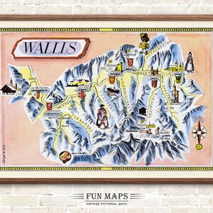 Fun Ski Run Piste Karte von Wallis in den Schweizer Alpen, Schweiz, Vintage bildliche Cartoon Druck Illustration, Wand Kunst Dekor Geschenk