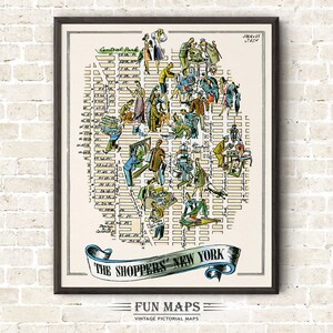Mapa divertido de compradores de Nueva York: ilustración antigua, dibujo animado, ilustración, aventura, arte de pared, decoración, póster de regalo.