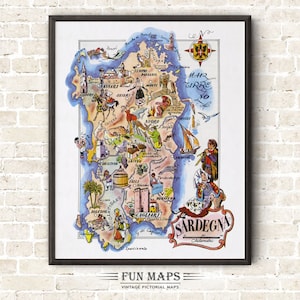 Leuke kaart van Sardinië in Italië Vintage picturale grillige cartoon oude print illustratie Italiaanse muurkunst cadeau reisposter avonturenkaart