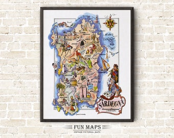 Fun Map of Sardinia in Italy Vintage Pictorial Whimsical Cartoon Old Print Illustration Italian Wall Art Gift Travel Poster Adventure Map