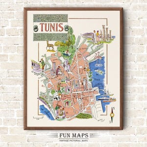 Mapa divertido de Túnez, África del Norte, vintage, pictórico, caprichoso, caricatura, impresión antigua, ilustración, arte mural africano, regalo, póster de viaje, mapa de aventuras