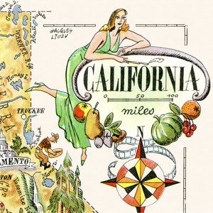 Carte d'État amusante de la Californie illustration vintage d'impression de dessin animé fantaisiste pictural des années 1940 par Liozu Art mural décoratif Cadeau Affiche image 3