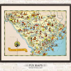 Mapa divertido del estado de Carolina del Sur: ilustración vintage con dibujos animados, aventura y decoración de pared.