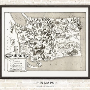 Vintage Bundesstaat Karte von Washington – lustige bildhafte Cartoon-Druck-Illustration | Abenteuer | Wand Kunst Dekor | Geschenk | Plakat