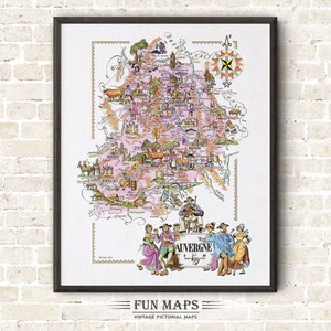 Zabawna mapa Owernii, francuskiej prowincji, Francja, FR - Vintage Pictorial Whimsical Cartoon Print Illustration Adventure Wall Art