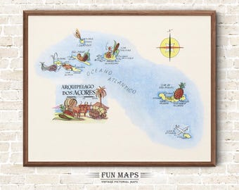Fun Map of Azores Archipelago off of Portugal Vintage Pictorial Whimsical Old Print Illustration Wall Art Gift Travel Poster Adventure Map