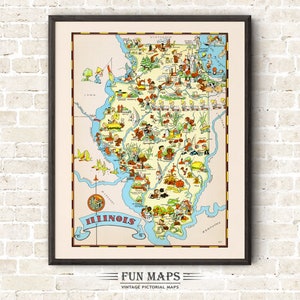 Mapa divertido del estado de Illinois: ilustración vintage con dibujos animados, aventura, decoración de pared, póster de regalo