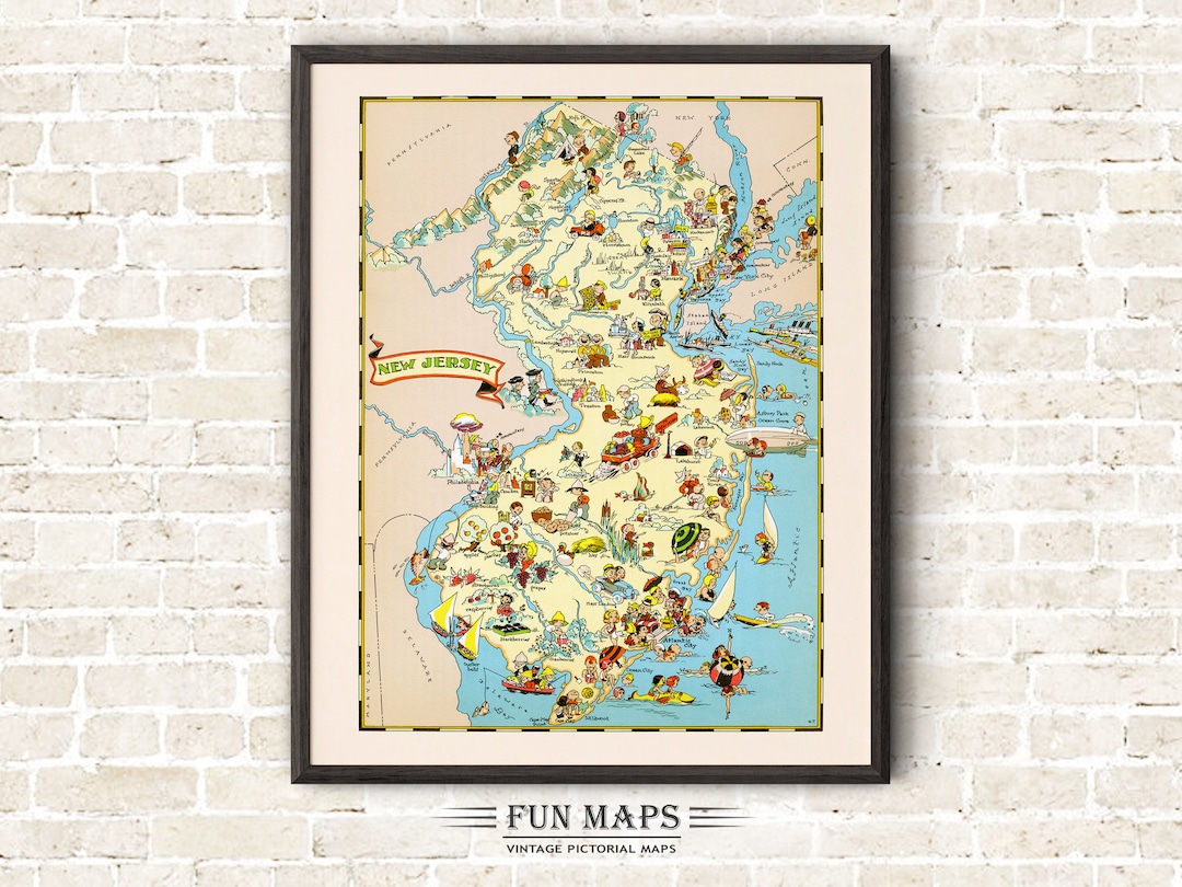 Fun State Map of New Jersey – Vintage Pictorial Whimsical Cartoon Print ...