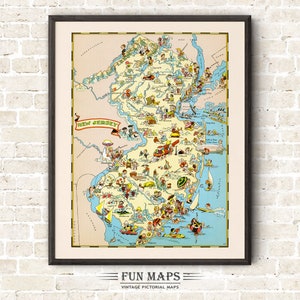 Mapa divertido del estado de Nueva Jersey: ilustración vintage con dibujos animados, aventura, decoración de pared, póster de regalo