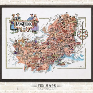 Zabawna mapa Langwedocji, francuskiej prowincji, Francja, FR - Vintage Pictorial Whimsical Cartoon Print Illustration Adventure Wall Art