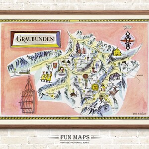 Fun Ski Run Run Karte von Graubünden in den Schweizer Alpen, Schweiz, Vintage bildliche Cartoon Druck Illustration, Wand Kunst Dekor Geschenk
