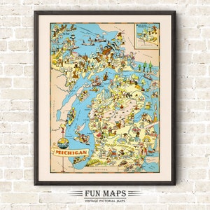 Fun State Map of Michigan – Vintage Pictorial Whimsical Cartoon Print Illustration | Adventure | Wall Art Décor Gift Poster