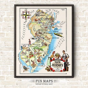 Mapa divertido del estado de Nueva Jersey: ilustración vintage con dibujos animados, aventura, decoración de pared, regalo y póster.