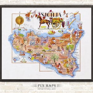 Mapa divertido de Sicilia en Italia, dibujo animado antiguo, ilustración, arte mural italiano, regalo, póster de viaje, mapa de aventuras