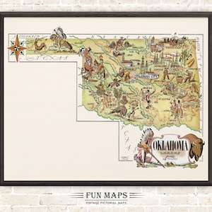 Carte d'état de l'Oklahoma amusante – illustration vintage d'impression de dessin animé lunatique pictural | Aventure | Art mural décoratif | Cadeau | Affiche