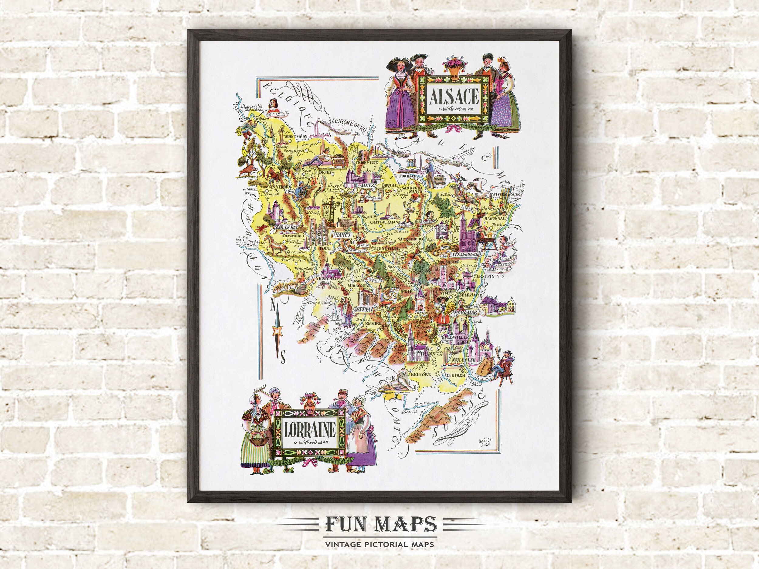 Fun Map of Alsace  a French Province, France, FR - Vintage Pictorial Whimsical Cartoon Print Illustration Adventure Wall Art Gift