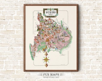 Fun Map of Middle Sweden Vintage Pictorial Whimsical Print Illustration Scandinavian Wall Art Travel Poster Nordic Adventure Map