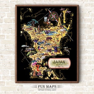 Mapa del norte de Japón: divertida ilustración vintage pictórica, caprichosa, de dibujos animados, antigua impresión, aventura, arte de pared, decoración, regalo, póster japonés