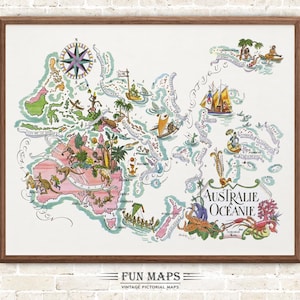 Spaß Karte der Region Ozeanien einschließlich Australien und Neuseeland Vintage bildliche wunderliche alte Druck Illustration Wand Kunst Reise Poster