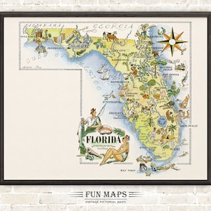 Leuke staatskaart van Florida – vintage picturale grillige cartoon print illustratie | Avontuur | Kunst aan de muur | Cadeau | Poster: