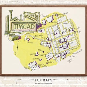 Mapa divertido de Timgad, África del Norte, vintage, pictórico, caprichoso, caricatura, impresión antigua, ilustración, arte mural africano, regalo, póster de viaje, mapa de aventuras