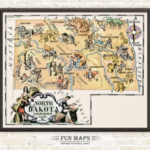 Mapa divertido del estado de Dakota del Norte: ilustración vintage con dibujos animados, aventura, decoración de pared, regalo y póster.