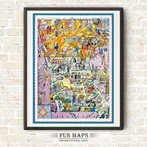 Vintage State Map of Iowa & Missouri – Pictorial Whimsical Print Illustration Adventure Colorful Wall Art Décor Gift Poster