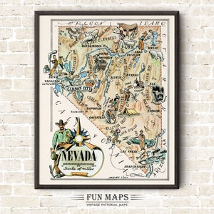 Carte d'état du Nevada amusante – illustration vintage d'impression de dessin animé lunatique | Aventure | Art mural décoratif | Cadeau | Affiche