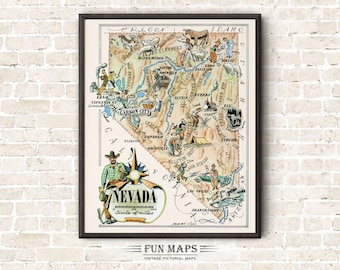 Fun State Map of Nevada – Vintage Pictorial Whimsical Cartoon Print Illustration from 1940’s by Liozu | Wall Art Décor | Gift | Poster