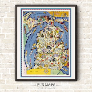Vintage US Bundesstaat Maple Karte – Bildliches Wunderwerk Print Illustration Abenteuer Bunt Wand Kunst Dekor Geschenk Poster